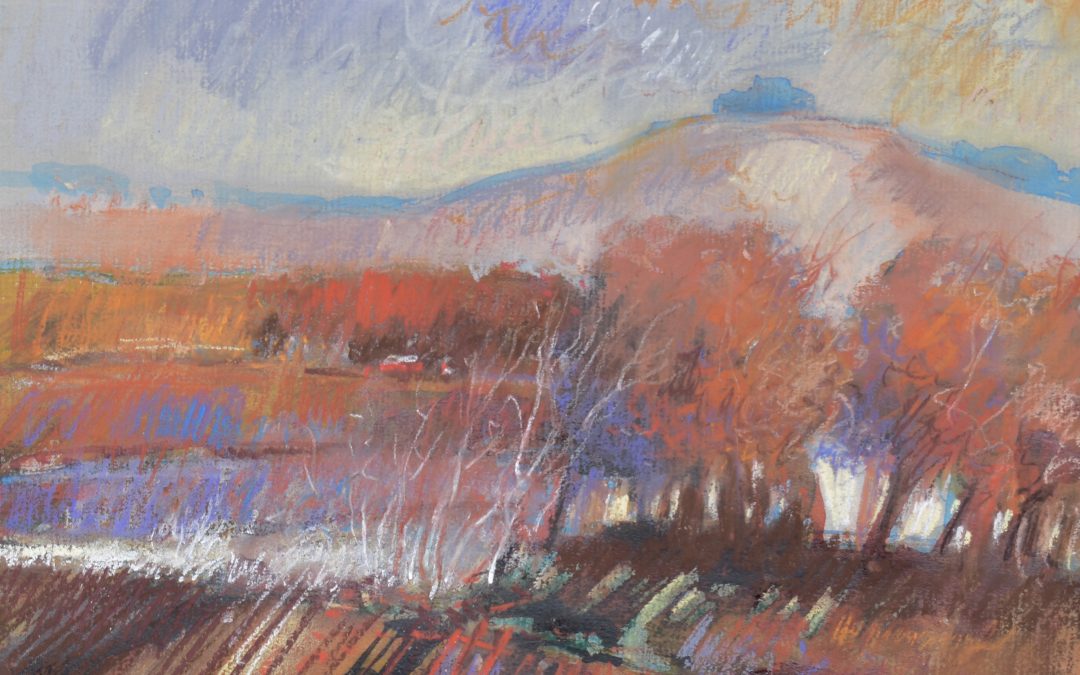 Plein air sketch, soft pastels on toned paper.