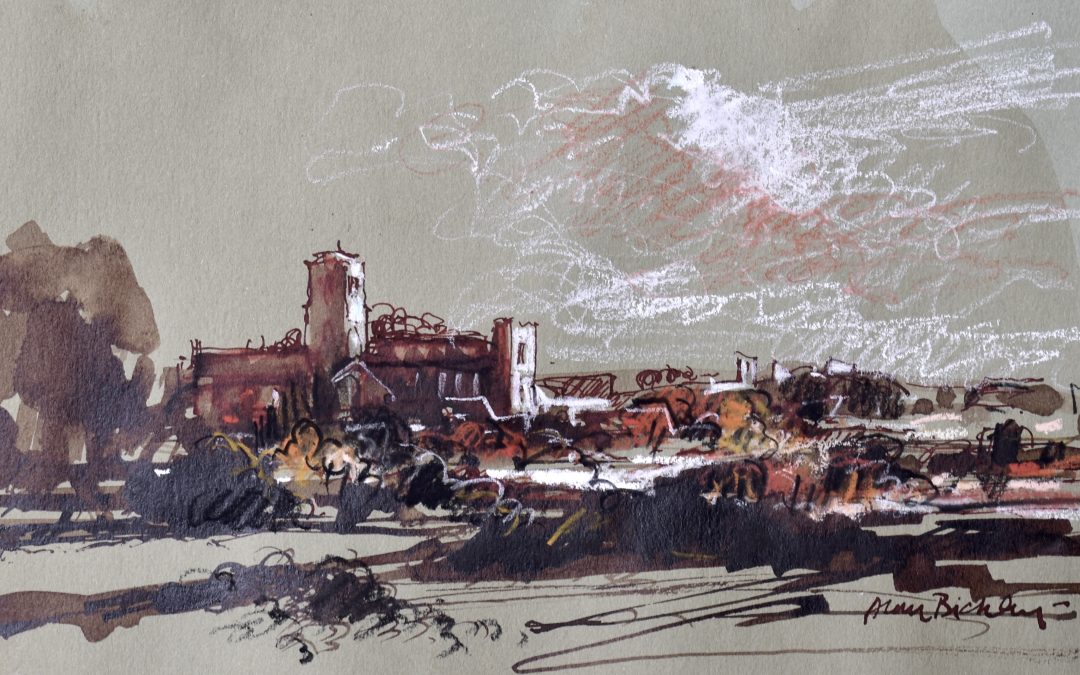 Acrylic ink, sanguine and white Conte chalk.