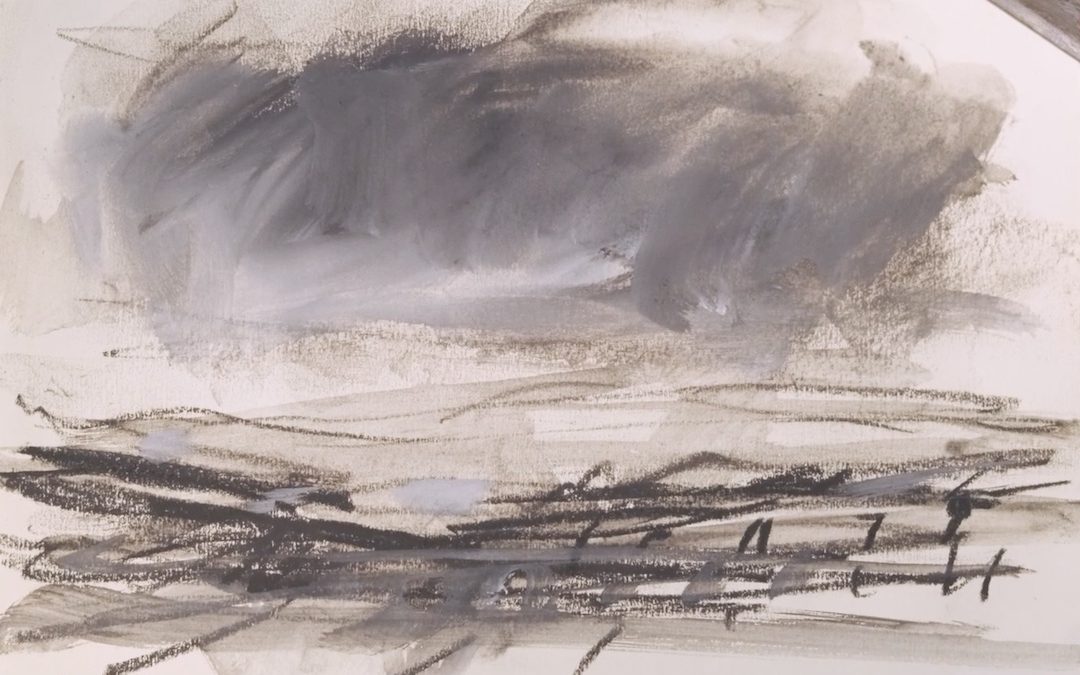 Monochrome drawing in charcoal and white gouache