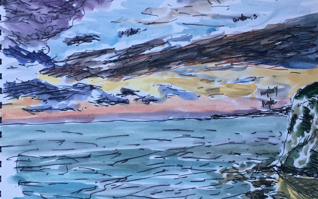 Tonights ink and watercolour sketch is the sunset and stormy sky, on a very windy evening at a nearby bay.  My sketchbook paper is very smooth, so not ideal.