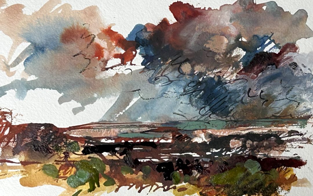 Plein air sketch, acrylic inks, and a touch of white gouache for body colour. Some charcoal pencil scribbling.