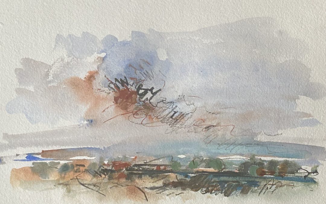 Watercolour plein air sketch, some charcoal pencil scribbles.
