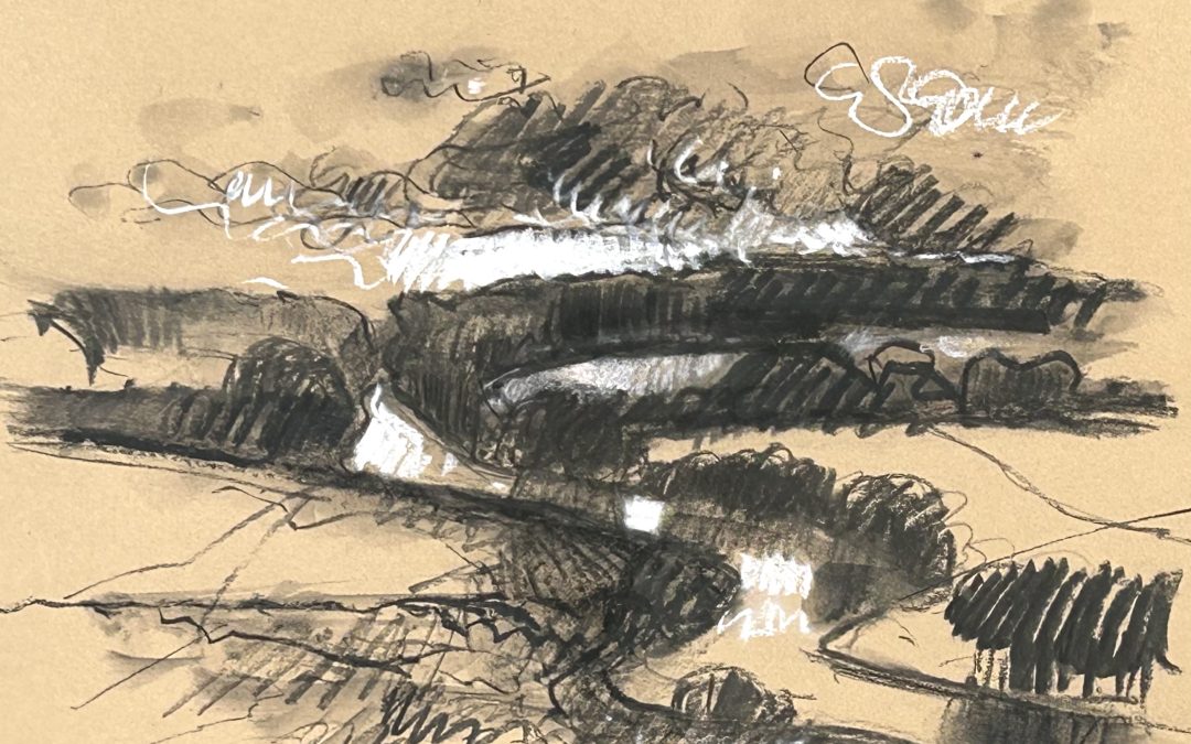 Early morning plein air sketch, willow charcoal sticks, some white conte chalk highlights. A3 Stonehenge Kraft paper.
I love drawing with charcoal, it’s so ‘hands on’ and tactile! Using toned paper gives me another dimension!