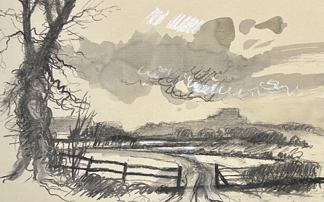 Charcoal drawing on A3 toned paper, a touch of white Conte chalk. A local scene looking towards the castle!