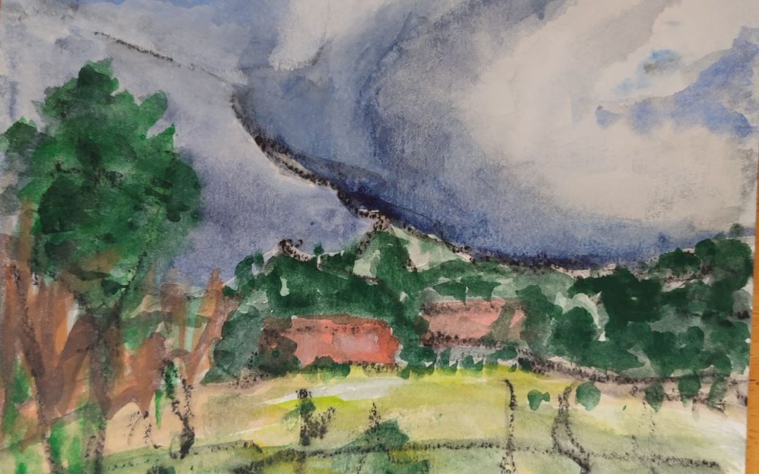 First attempt – From photo of stormy clouds over our house. Inktense pencils and blocks. I am new to painting and still trying out new things!