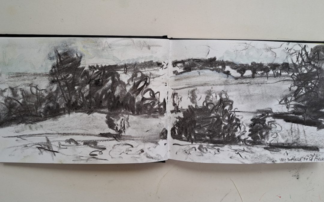 plein air sketch bk No 4.  Same view using charcoal. Not sure how successful, but perhaps useful if I take the  group towards a studio painting.