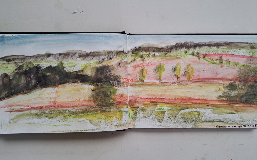 Im’ a bit behind the group so here are some plein air sketch book efforts in Charente, France. No 1. Used Inktense blocks with water, gouache, pencil
