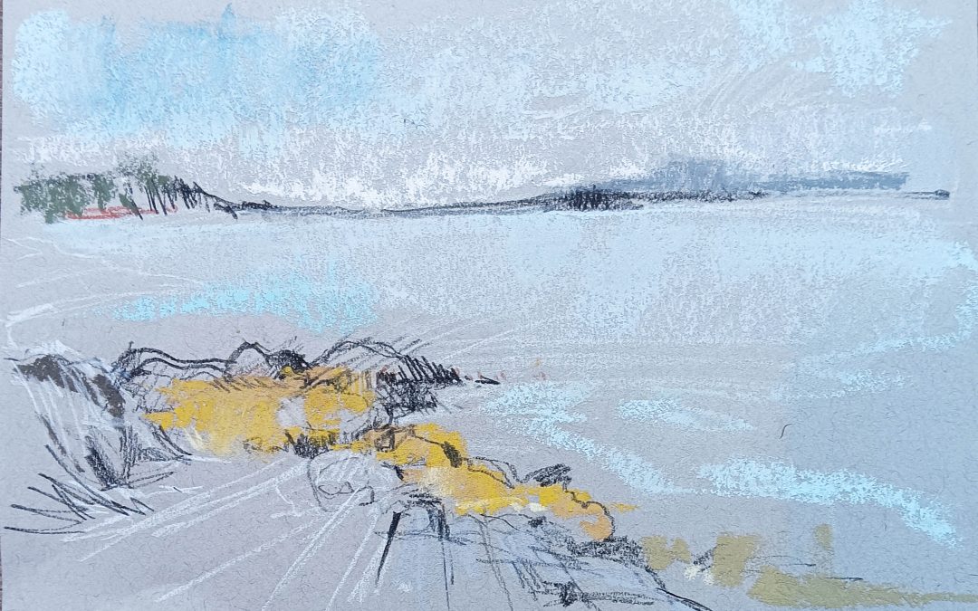 Charcoal pencil and soft pastels on toned paper.