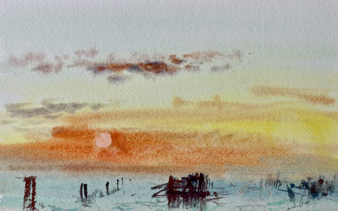 After JMW Turner, my interpretation of The Lagoon near Venice, at Sunset, watercolour on Fabriano HP paper.