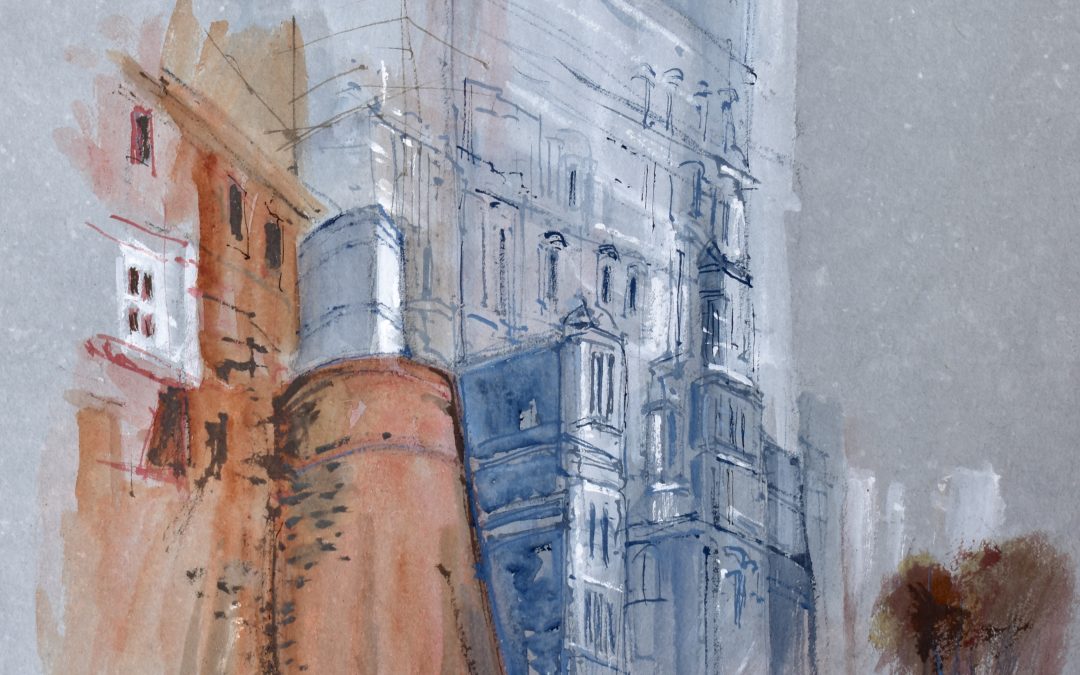 Château de Blois, Loire Valley c.1828–30 . My interpretation of a Turner painting – Some challenging detail in this piece, Turner Grey paper from Ruscombe Mill in France, watercolour and some body colour (gouache) as in Turner’s original work in Tate Britain.