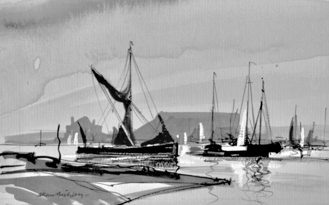 Exercise in tonal value and counterchange, after Rowland Hilder, Indian ink and white gouache on Fabriano HP.