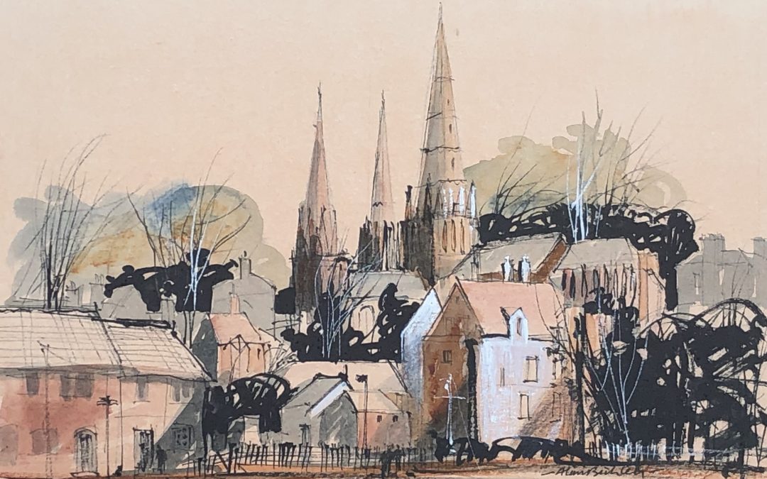 Lichfield Cathedral, pen & ink with watercolour wash, 11x15in on Fabriano Artistico HP. Loosely based on Rowland Hilder and his use of tonal values and counterchange.
