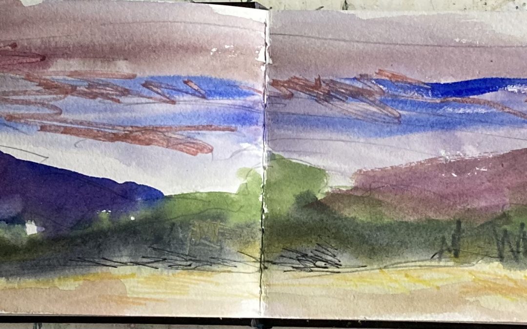 Number 1: Near the Connecticut River today; clouds moving in.  Watercolor, pencil,  water soluble pencil, charcoal…