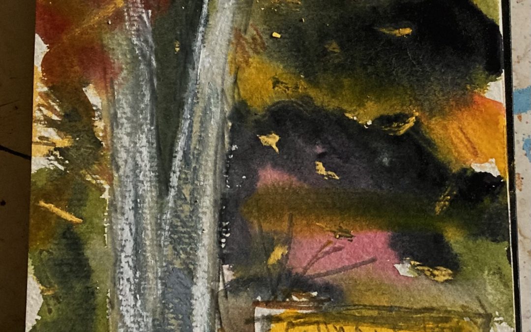 rain today.  From my porch looking toward my garden and the trees beyond.  Watercolor, 6B pencil ,soft pastel and a marker pen that didn’t really work.