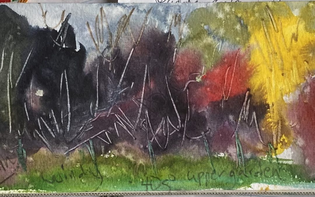 windy, overcast day.  A passing drizzle added some star-drops.  Watercolor and water-soluble pencils