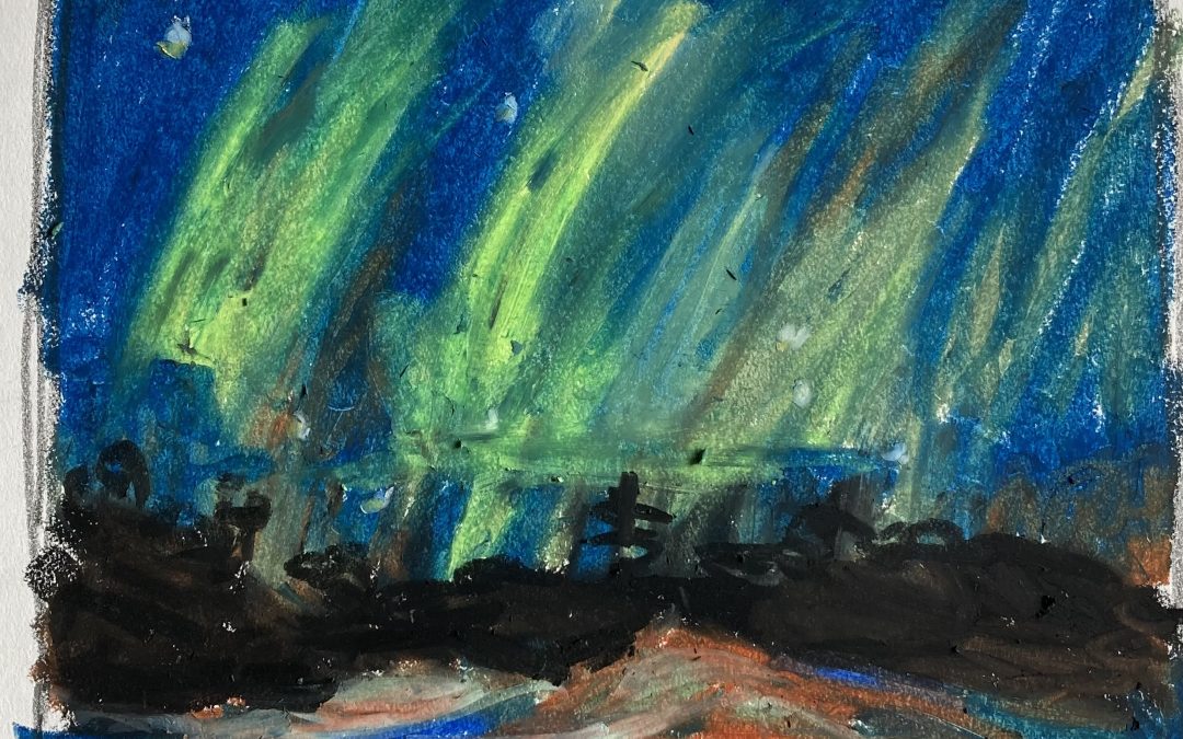 After Tom Thomson’s ‘Northern Lights’.  oil pastel