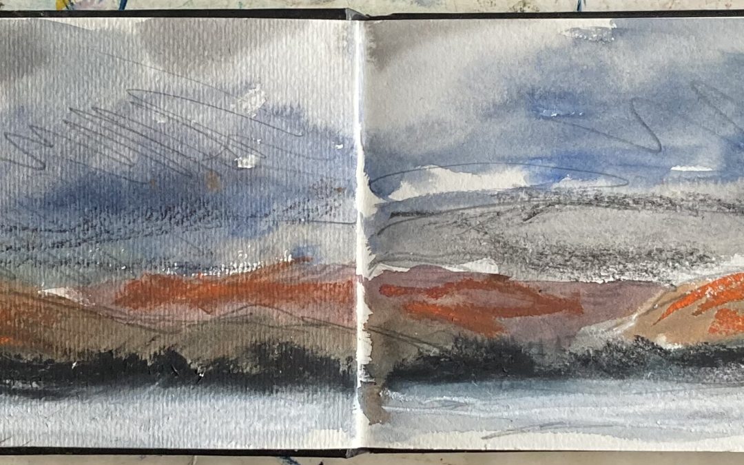 At a nearby lake, just before  a three-day rain.  Watercolor, pastel and pencil.