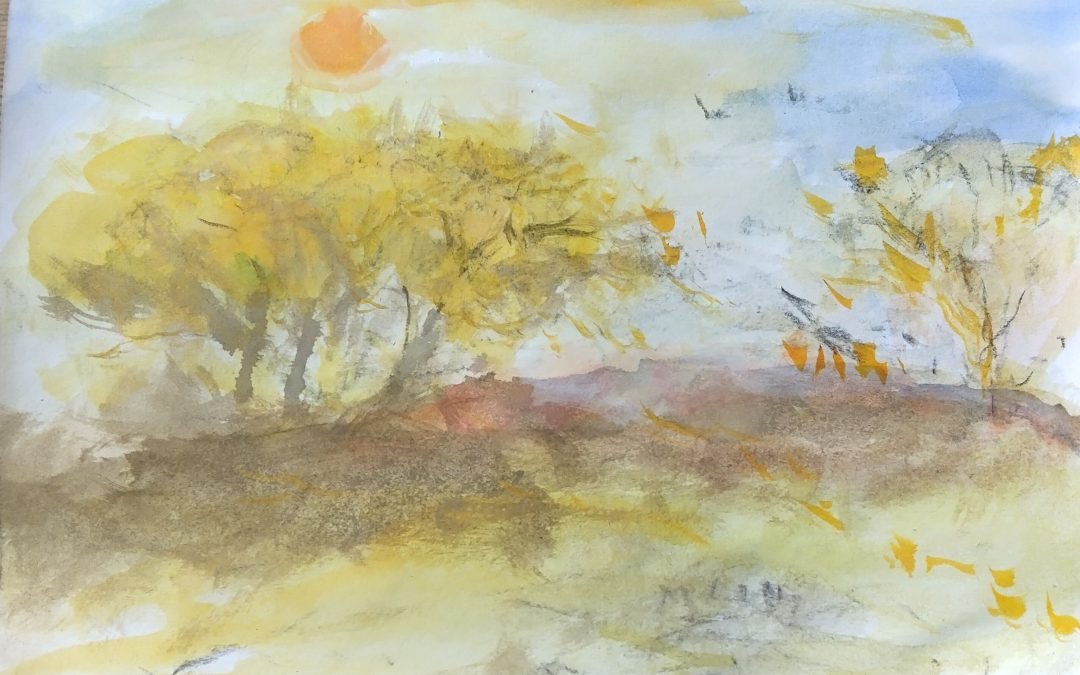 October evening, water colour , acrylic inks,, and pencil. 
Enjoyed creating this.