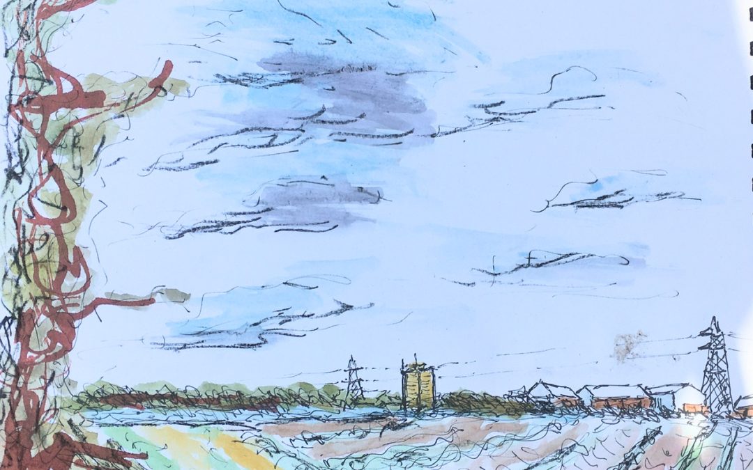 Today’s sketch of a cabbage field near me, with the buildings of Margate in the distance.
I used an ink dropper, a pen, then watercolour with a brush pen.