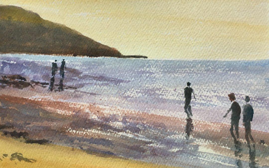 Here is a watercolour of Sennen beach based on a watercolour by Ken Howard. I used dry brushwork on the sea instead of chinese white, which Ken Howard preferred to use.
