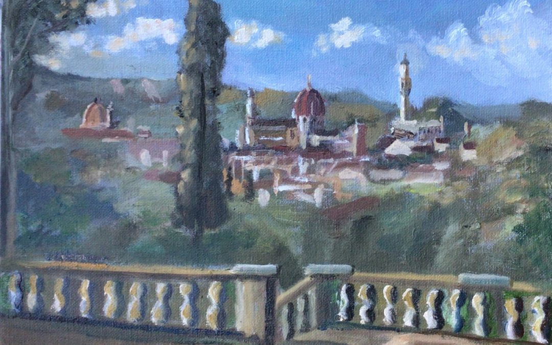 Here is my homage to Camile Corot, an artist I admire immensely, this is from his view over Florence, Italy.
I painted it in oils but left out the ‘monk like characters. I have stood at the same spot in the Boboli gardens, a few years ago and enjoyed the view.