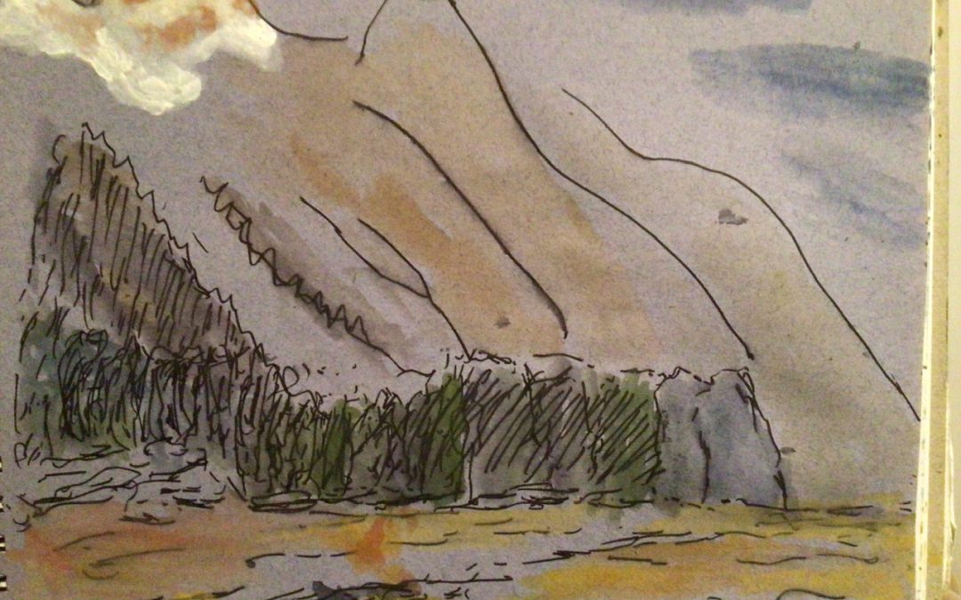 Here’s another inspired by HBBrabazon, Mont Blanc sunset, Chamonix. He used pastel, charcoal and w/c. I used marker pen and w/c and white gouche. I’m always amazed at how the viewer can see the image clearly, despite so few marks being used.