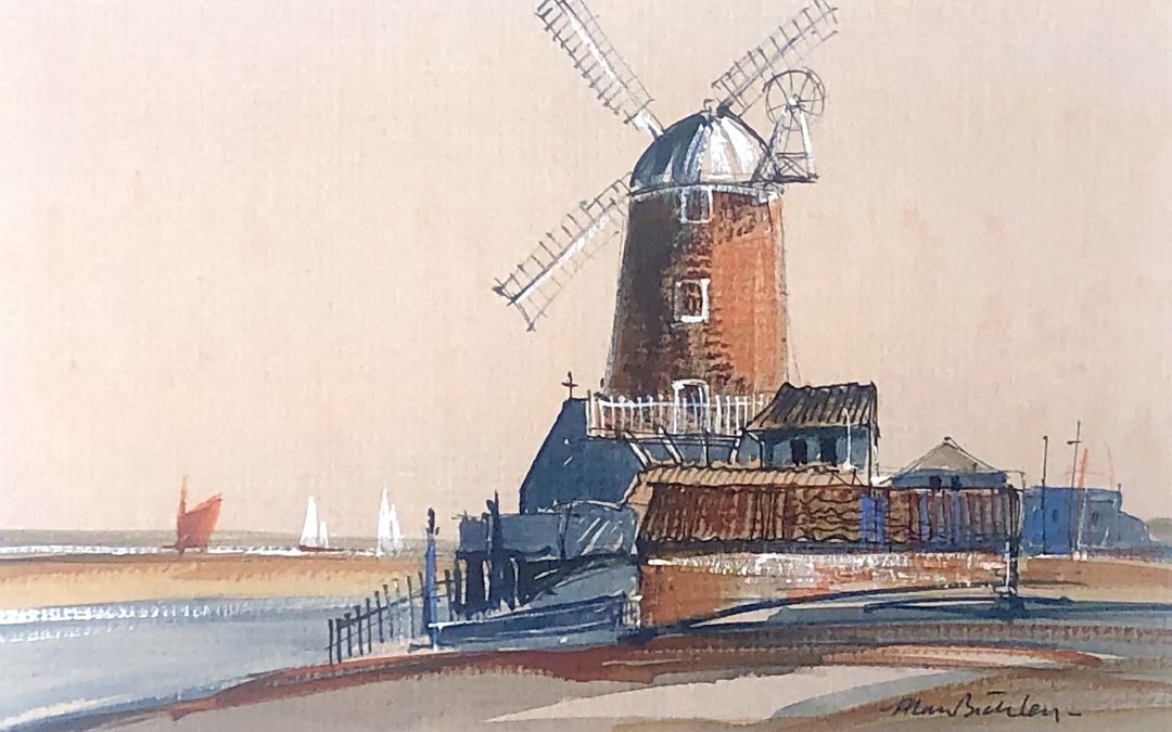 After Rowland Hilder, Cley Windmill, Norfolk, watercolour on self-toned mount board 11x15in.