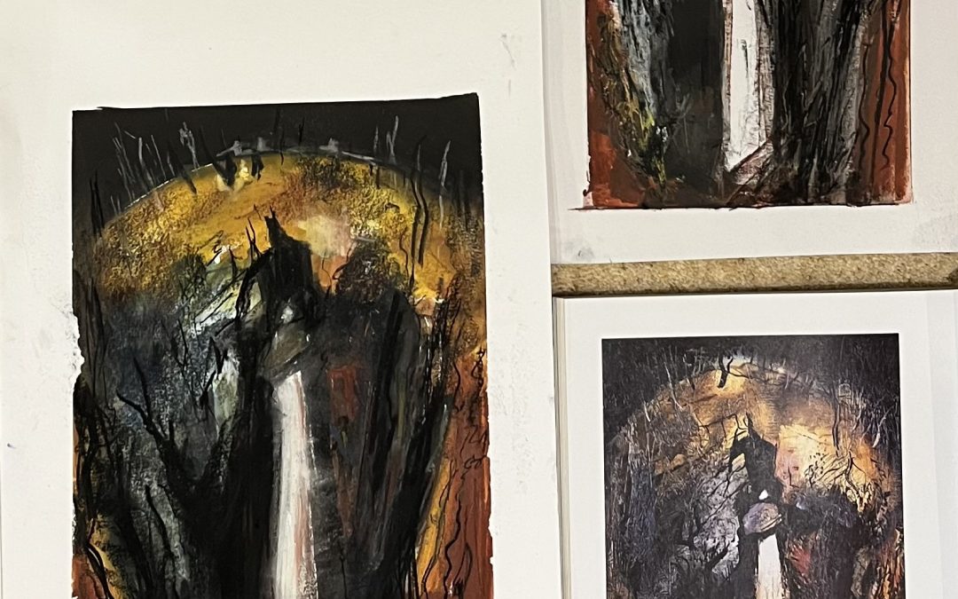 Weathercote cave by John Piper. Two quick sketches in coloured chalks. I allowed myself five minutes per sketch and chose one bit of cartridge paper and one bit of card from old packaging   The latter was better!