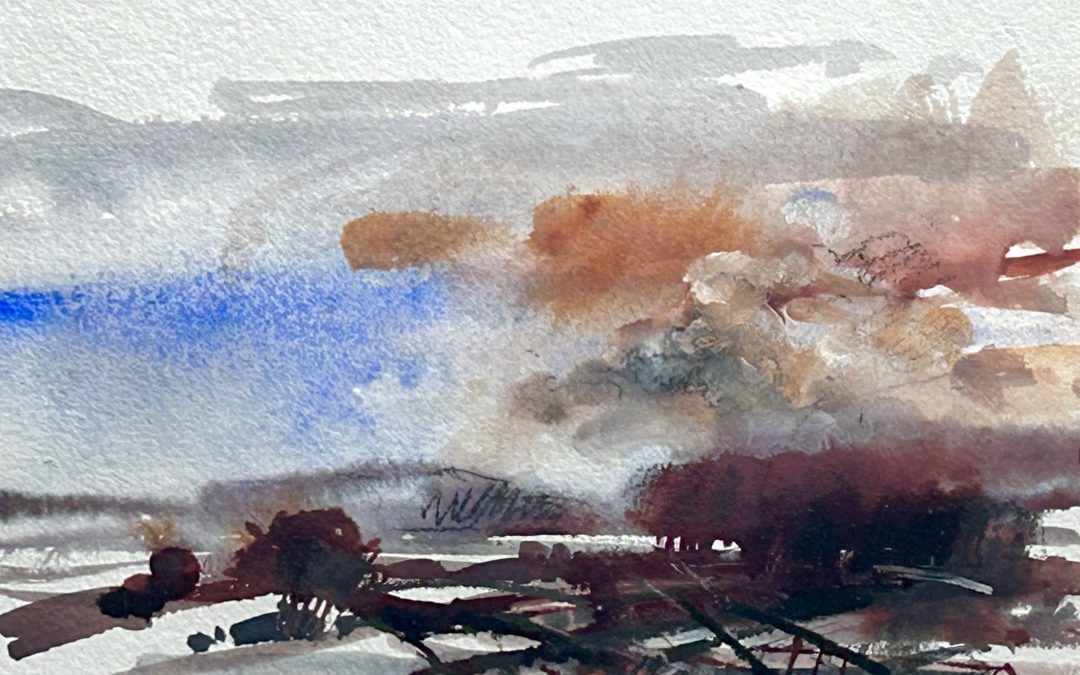 The Path to the River, plein air watercolour with charcoal pencil,  A4 Two Rivers sketch book.