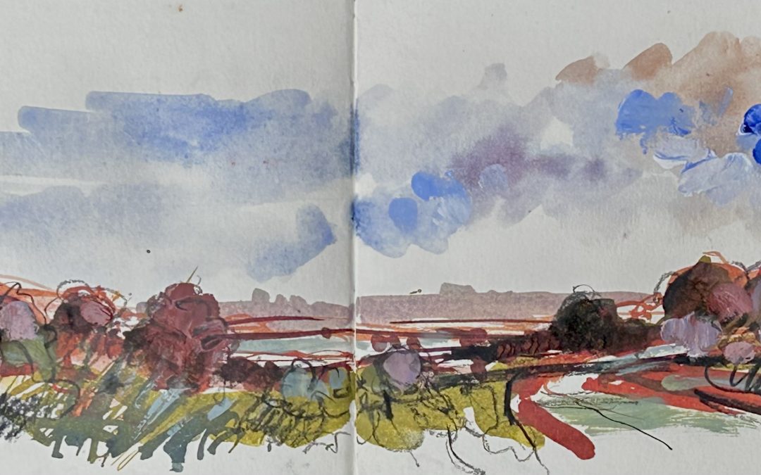 Mow Cop Folly, Plein air mixed media. Acrylic ink, gouache, watercolour & charcoal pencil.