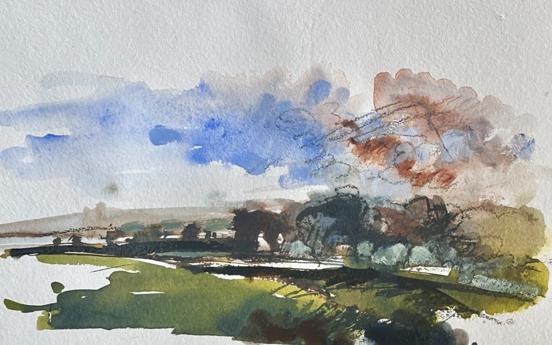 Plein air, the view to the river, watercolour, gouache and charcoal pencil.