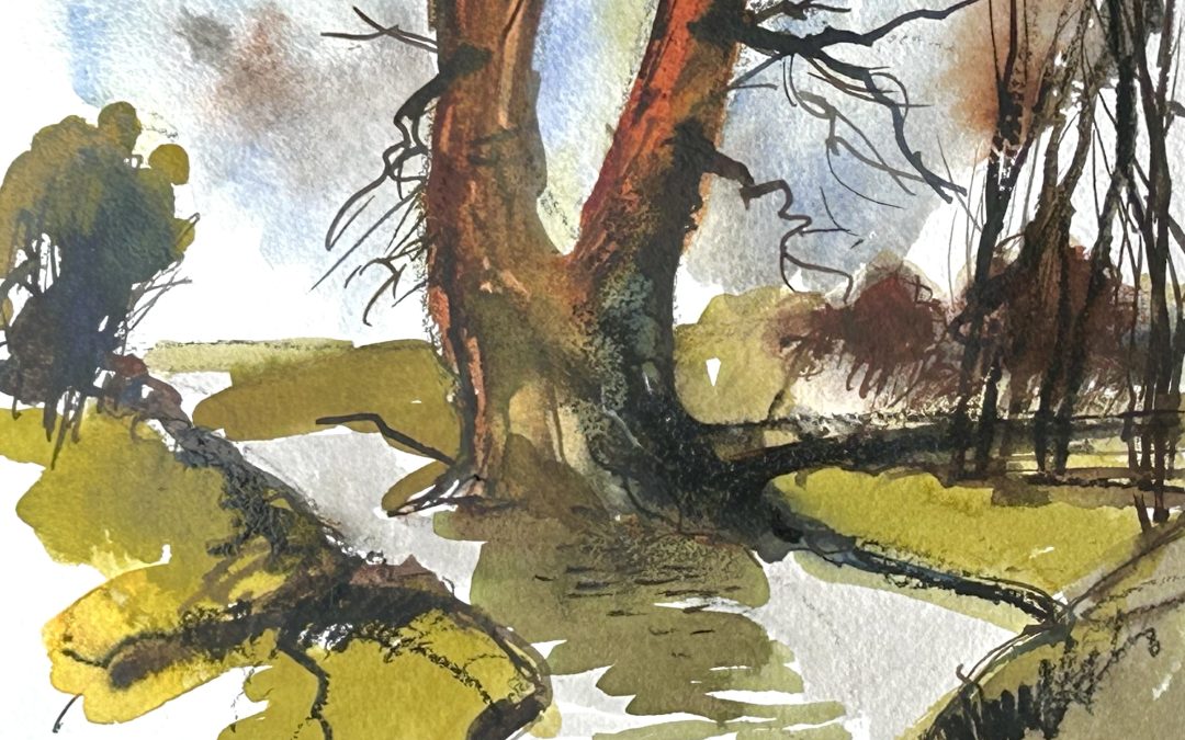 Plein air, the bend in the river, acrylic ink and charcoal pencil.