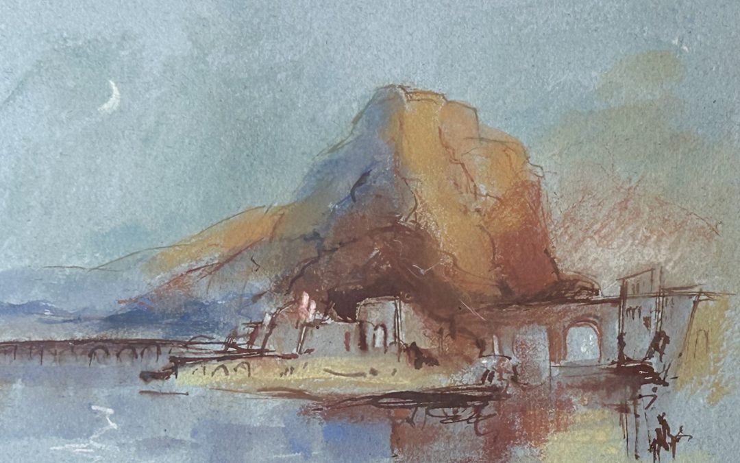 My Turner impression of The Confluence at Namur,  based on his painting but with my own interpretation of the scene! Watercolour and Conte chalk on Two Rivers Turner Blue handmade paper.