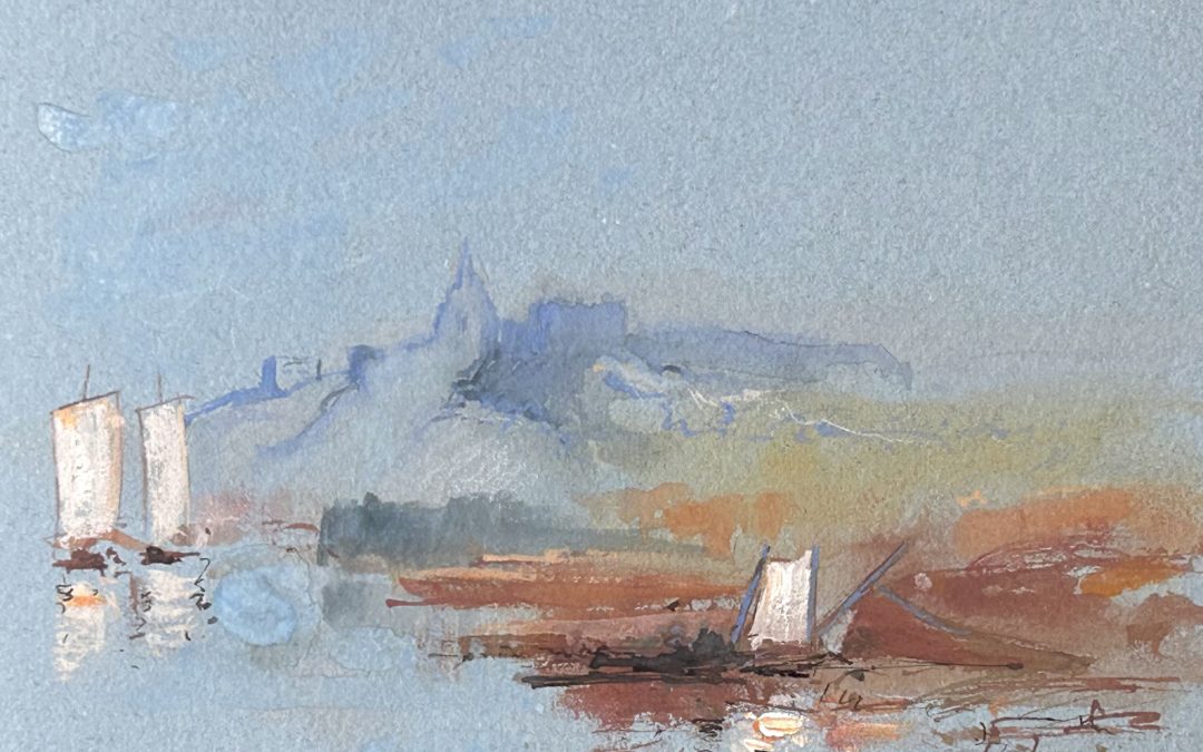 After Turner, Montjean-sur-Loire, Loire Valley c.1826-8. My simplistic representation of this stunning watercolour by Turner, in a Two Rivers Turner Blue sketch book.
