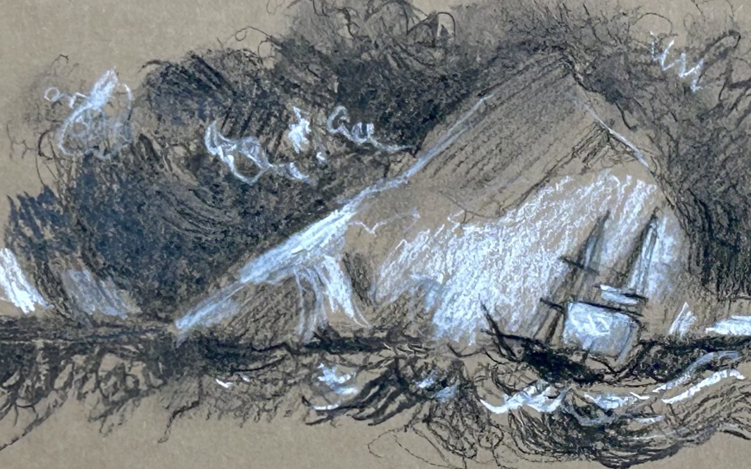 After Turner, Ship against the Mewstone, at the Entrance to Plymouth Sound. Willow charcoal stick on scrap cardboard. Gives a great toned background.