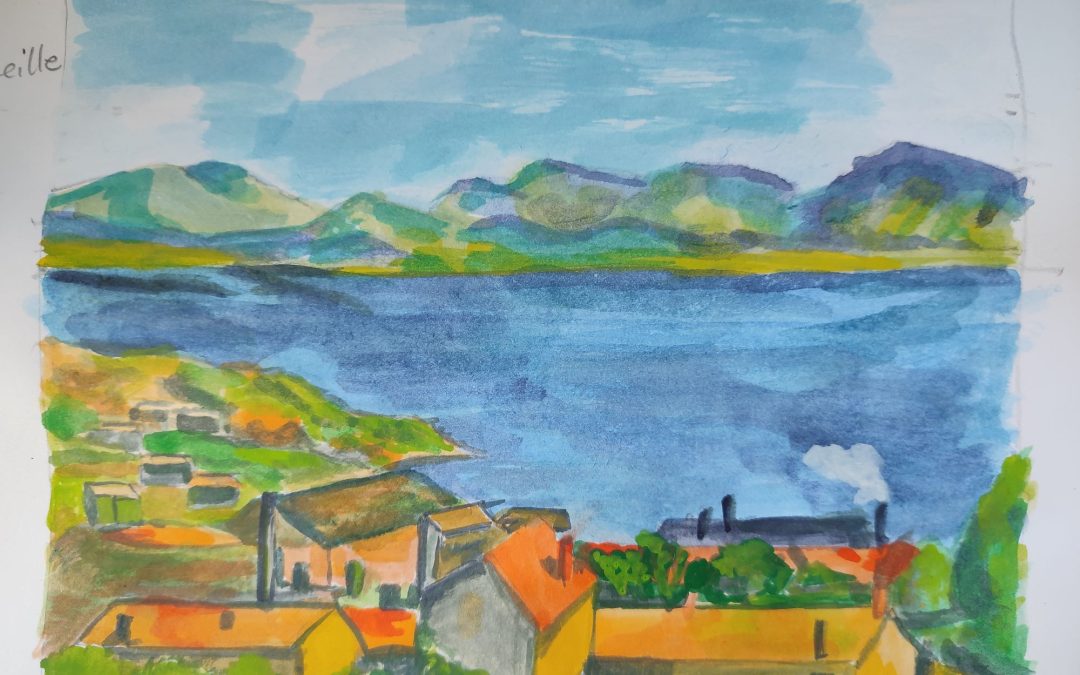 After Cezanne’s ‘Bay of Marseille’ – painted with Inktense blocks. I love the ‘patchwork’ of colours in Cezanne’s landscapes.