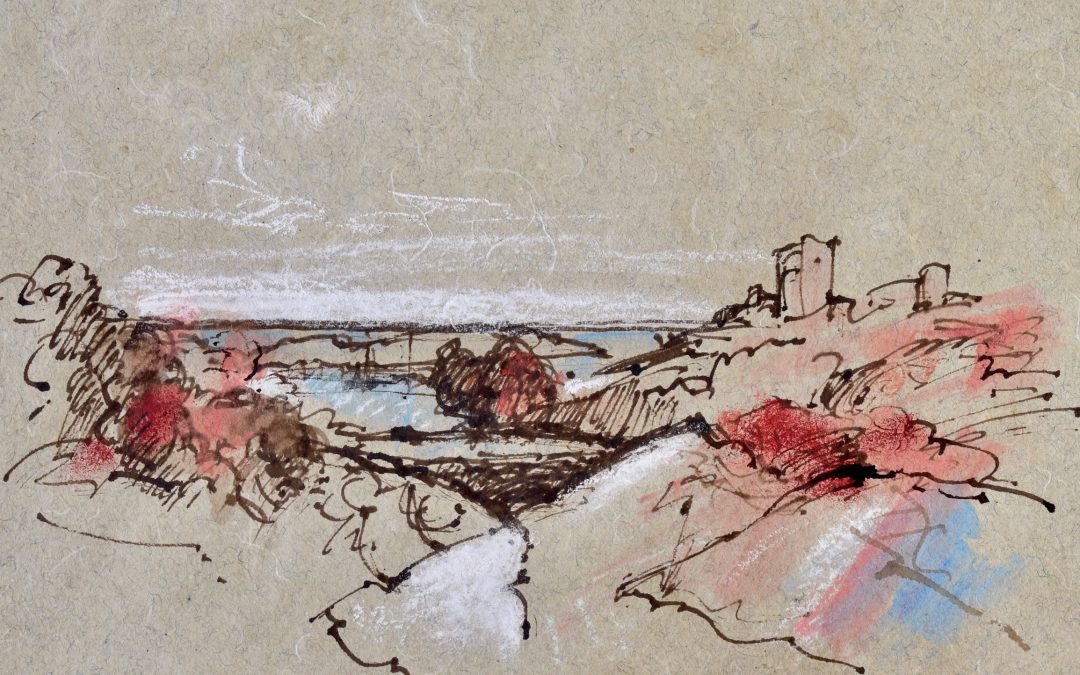 After a Turner sketch, East Cowes Castle, pen and ink with Conte chalk. A4 on toned India Office drawing paper.