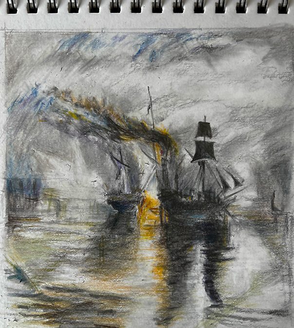 After Turner’s Burial At Sea. Original in oils – I tried coloured pencils.