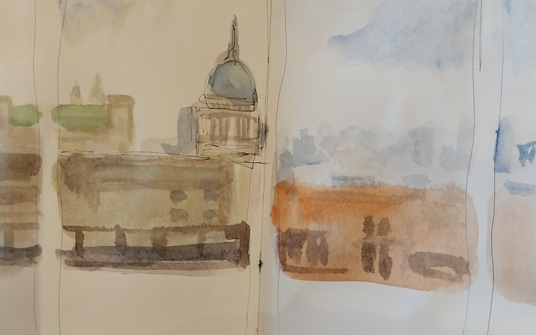 I’m really really behind, but did finally manage to do quite a lot of drawings when down in London last week, very much experimenting with materials, sketchbooks, what is possible for me to carry . . . .  this is pen and watercolour, of what I hope is an easily recognisable place !
