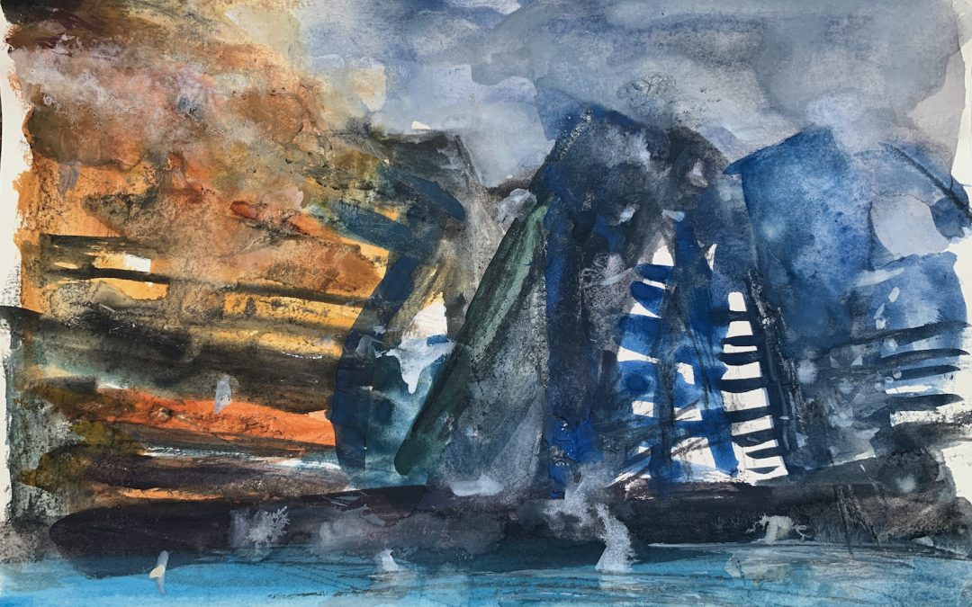 I love Barbara Rae’s sketches.  Impossible to copy, but here’s one.  I have a feeling she might have used Aquagraf in her drawing, but I resorted to charcoal.