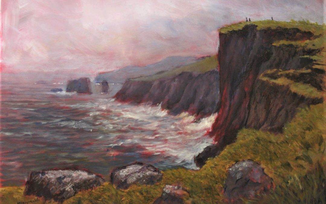 Esherness is on the West Coast of the Shetland Mainland. This is a large canvas painted with acrylic. A gale was blowing when I was there so a quick sketch was made and the picture was then made in my studio. This type of subject makes for great fun when paintong as there is a mass of movement to portray.