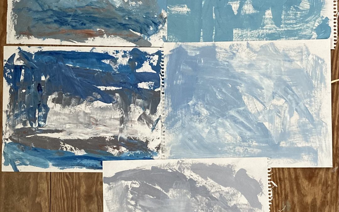 just playing around with the four blues I have at the moment; prussian, Ultramarine, pthalo and Indanthrone.  mixed with white and terra rosa. 
totally unscientific.  Mostly used a palette knife, as i have never really used one except to mix paint!  On sketching paper.  I’m allergic to solvents, so this was solvent free and probably I can’t make paint quite as sloppy as otherwise.  But sloppy for me!  Next time i will get bigger sheets of paper.