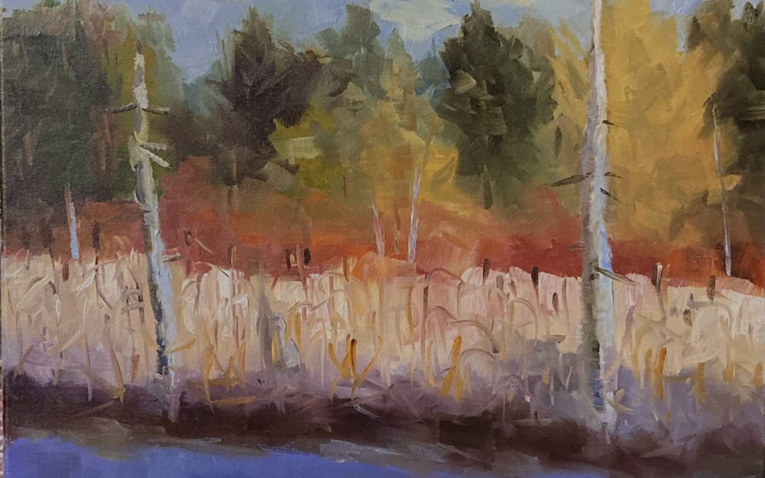 two of two:  oil painting of the same spot,  from memory, a week later, 16” x20”….playing with mark-making using a flat brush and a round one.  No palette knife this time.