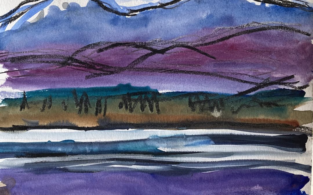 sketch at a wildlife refuge not too far from my home.  Snow on the Mts, ice on part of the Pond.  I discovered I really like the  square format.