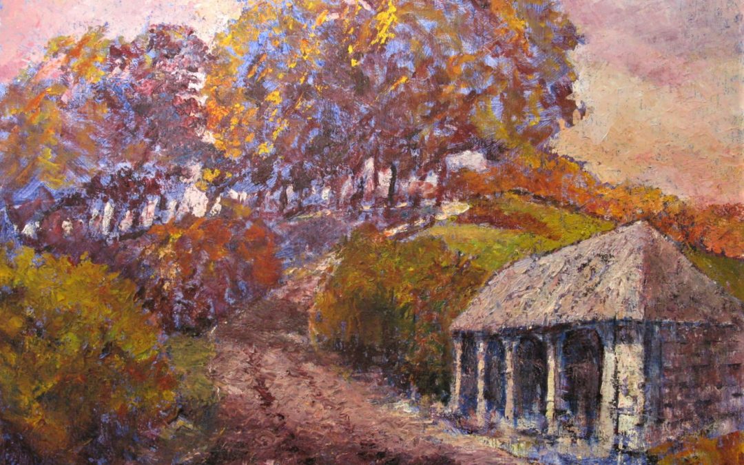 Painted from memory with an added dose of imagination.  Used a palette knife and worked onto a cobalt blue ground to provide a contrast to the warm Autumn colours.