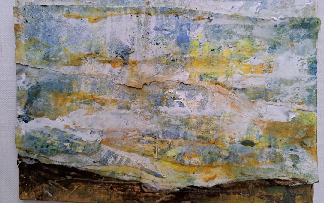 Been experimenting with cold wax mixed with oil paint – imaginary landscape. On board