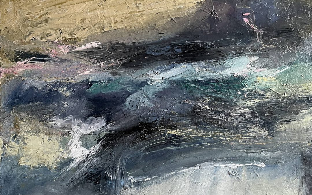 Worked over a previous oil painting. Kept turning the square to keep in right brain mode working fast , Chose this way up for now. Need to leave it  and look again later