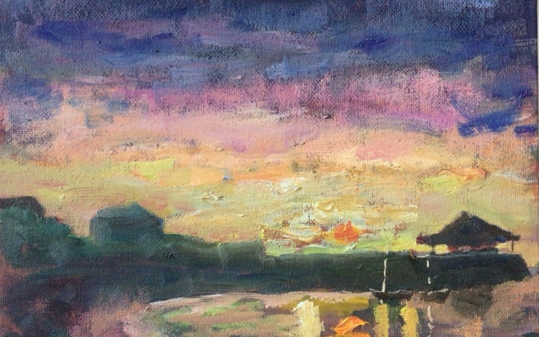 I painted this early morning sunrise at the little harbour near where I live, from sketches and the many plein air sunsets I have painted over the years.
I like the loose semi abstract nature of this oil painting size 10” x 8”. These are such quick fleeting moments to capture, with memory doing much of the heavy lifting. Enjoy!
