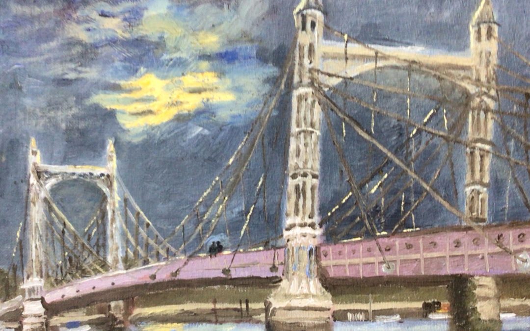 Here is an oil size 12” x 10” of the Albert bridge in Chelsea, from earlier sketches, a watercolour and an imagined sky.
One of the best bridges in London.