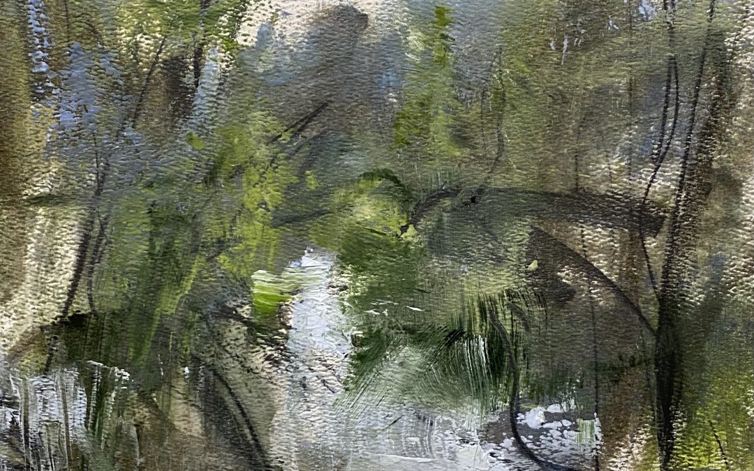 Sandra G –  pre oil painting/drawing on paper/graphite.    River view near Worcestershire – after the rain.